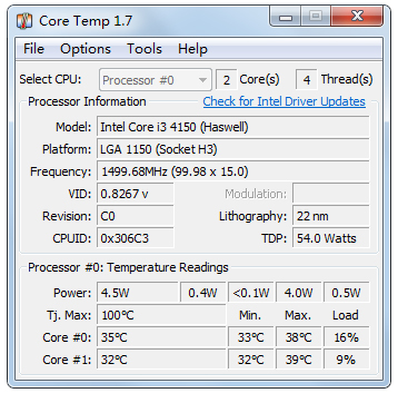 CoreTemp(测量CPU温度) v1.9绿色汉化版