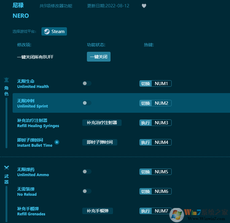 尼禄NERO九项修改器 v2022最新版